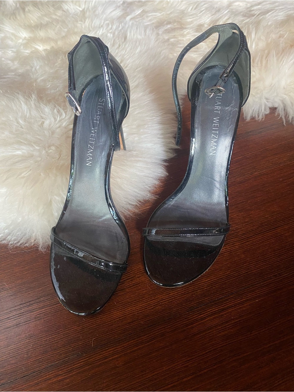 Stuart Weitzman Black Patent Leather Ankle-Strap Heels